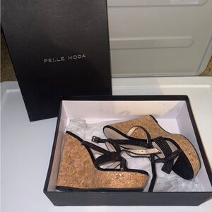 Pelle Moda Black and Tan Wedge Sandals